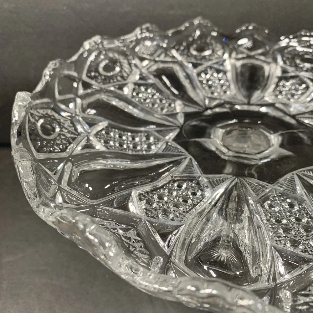 Panama EAPG Clear Pressed Glass Pedestal Cake Stand Scalloped Rim Starburst Base
